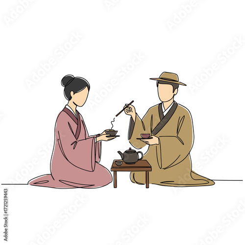 Man and woman enjoying tea ceremony in traditional clothing indoors  