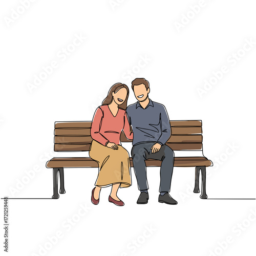 Young couple sitting closely on a bench in a casual setting  