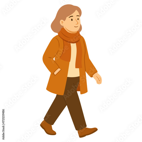 Autumn illustration of a woman walking in coat and scarf