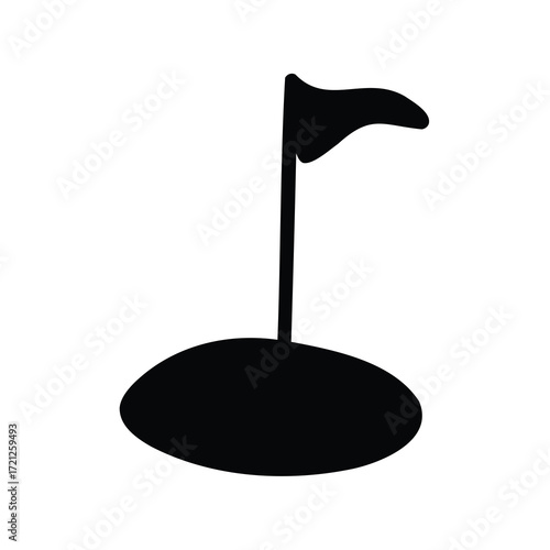 Minimalist black silhouette of a golf hole with flag on white background
