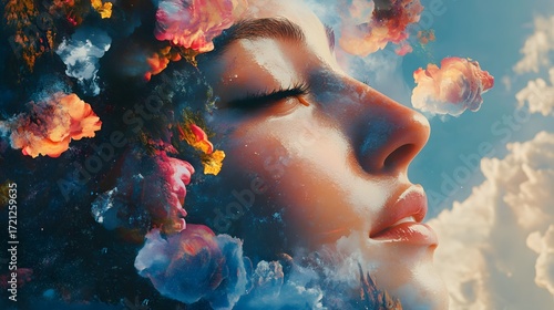 Digital illustration of a woman's face interwoven with vibrant, cosmic flowers and swirling nebula clouds.