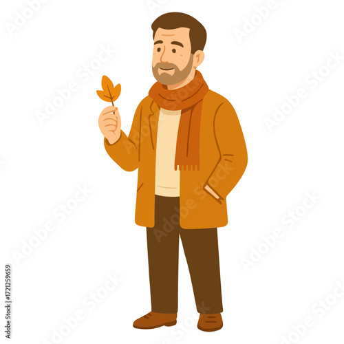 Autumn illustration of a man holding a leaf