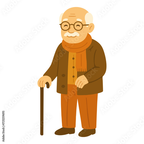 Autumn illustration of an elderly grandfather with scarf and walking cane