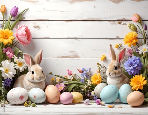 Easter bunnies and eggs amidst spring flowers on white wood