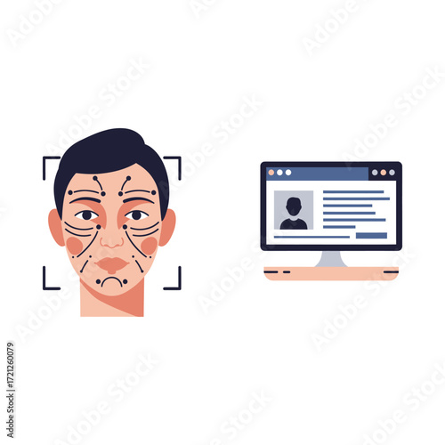 Flat vector illustration of biometric face recognition system with digital identity card, representing security technology, authentication, and personal identification