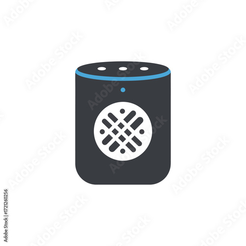 Flat vector design of smart speaker device, symbolizing voice recognition technology, artificial intelligence assistant, and modern smart home innovation