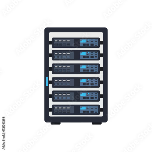 Vector flat illustration of server rack, symbol of data center, hosting services, secure online storage, and cloud computing infrastructure for global digital business solutions