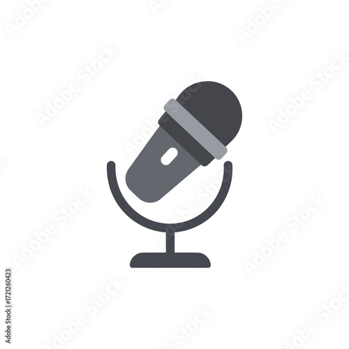Vector flat illustration of microphone device on stand, symbolizing audio technology, podcasting, voice recording, broadcasting equipment, and digital communication tools