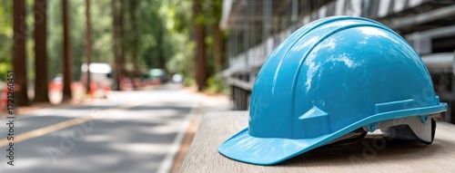 Bulldozer creates new road in forest near Russian city on a sunny day with blue helmeted driver at construction site