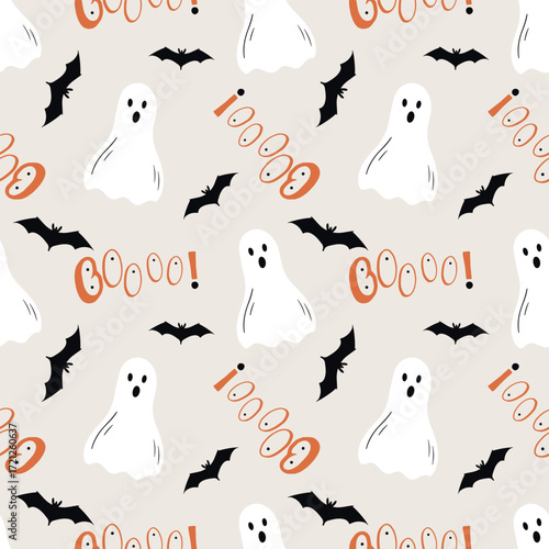 Halloween light pattern with cute ghostly BOOO and dark silhouette of bats.