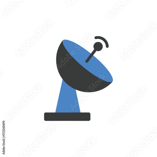 Vector flat design of satellite dish communication system, representing digital broadcasting, internet signals, advanced technology, and global telecommunications infrastructure