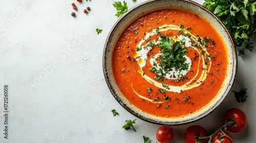 Indian Tomato Soup with Cream Swirl and Fresh Coriander Garnish