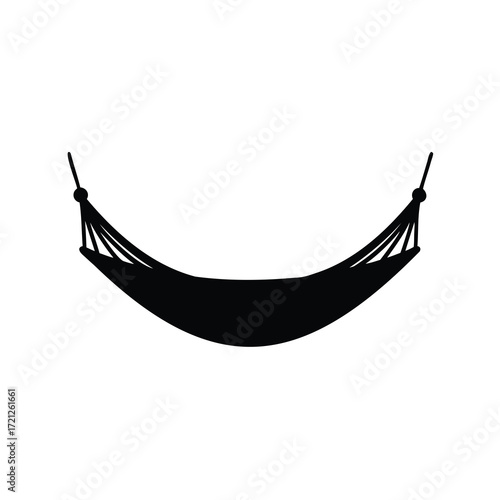 Isolated black silhouette of a hanging hammock on a white background for summer relaxation