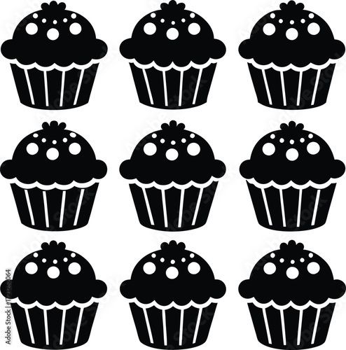 Black and White Cupcake Vector Graphic Illustration of Dessert Treat Pattern