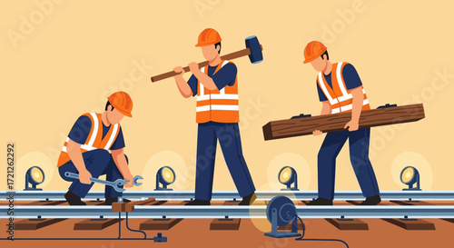 Dynamic construction crew actively builds and maintains robust railway tracks, emphasizing essential infrastructure development and dedicated manual labor for transportation networks