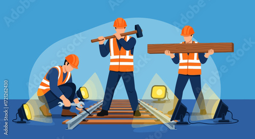 Railway construction workers in action laying tracks and carrying materials for infrastructure development
