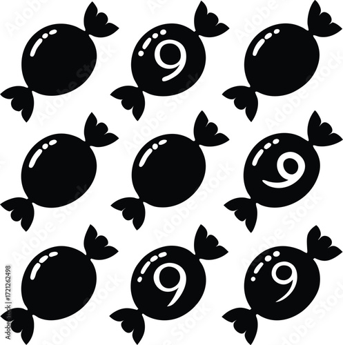 Black and White Candy Icons with Number 9 and Cancer Zodiac Sign Illustration