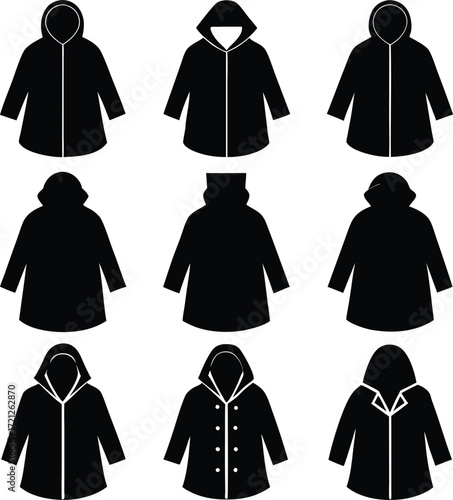 Black and White Vector Illustration of Raincoats and Hoodies Fashion Icons Set