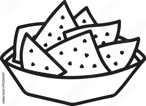 Mexican snack nachos line art, coloring book page line art drawing, vector and illustration