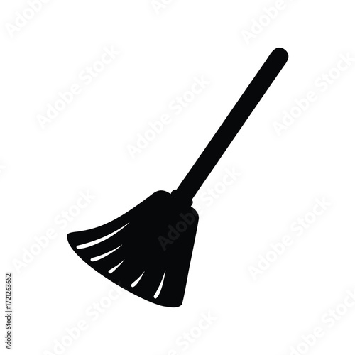 Simple black silhouette illustration of a traditional broom on a white background