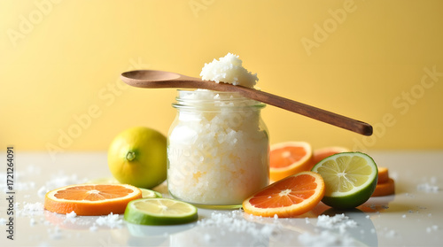 Open jar of sugar scrub with wooden spoon and scattered citrus slices.
