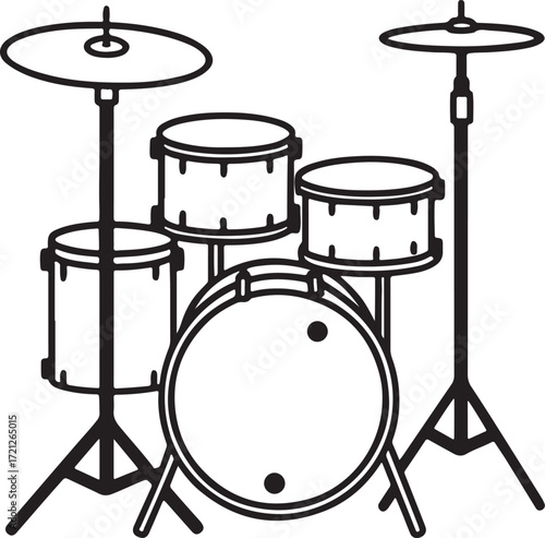 drum kit line art, coloring book page line art drawing, vector and illustration