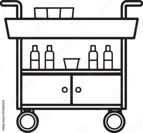 home bar cart line art, coloring book page line art drawing, vector and illustration