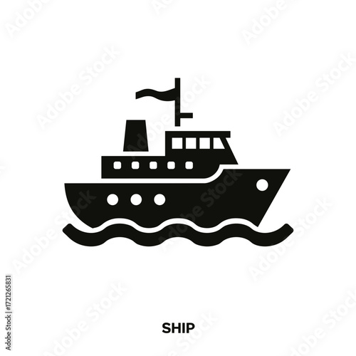 Black ship icon sailing on waves in minimal style  