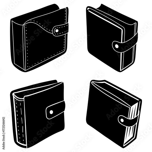Four black and white illustrations of closed wallets with straps and button closures in various angles