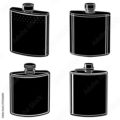 Illustration of four black hip flasks with different cap styles in a monochrome design style image