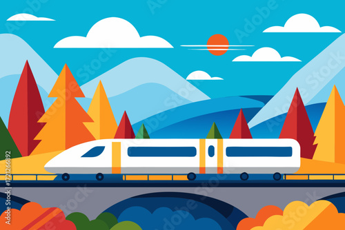 Modern high speed train traveling across a scenic mountain landscape
