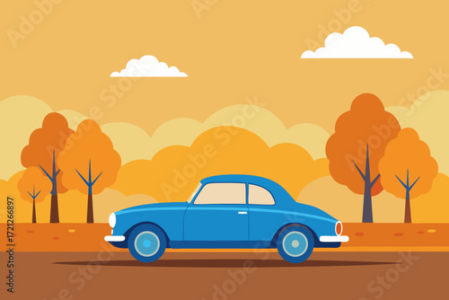 Vintage blue car driving through a colorful autumn landscape with orange trees