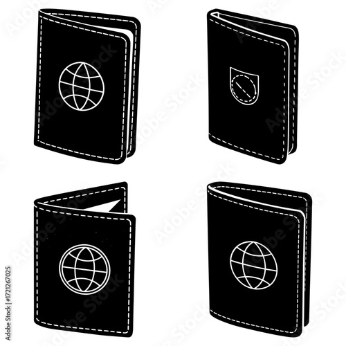 Four black passport illustrations with globe and badge designs on a white background image set up nicely