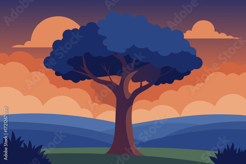 Stylized tree silhouette against a vibrant sunset sky with clouds