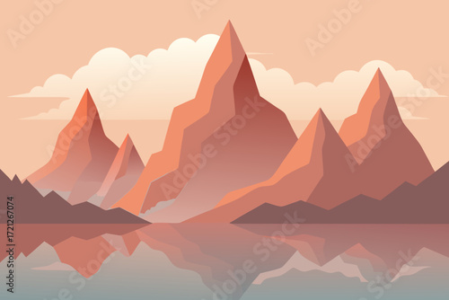 Geometric mountain range reflected in calm water under a pastel sky