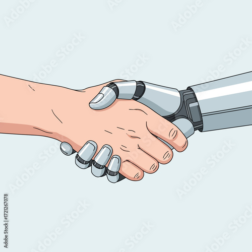 A minimalist vector illustration of a handshake where one hand is a human and the other is a robot.