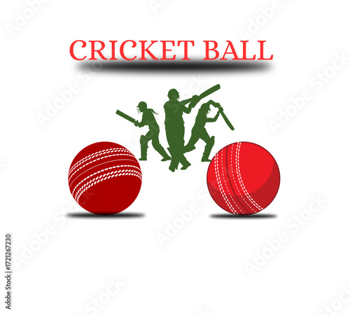Cricket ball illustration with red balls and green player silhouettes, perfect for sports, cricket-themed designs, and game-related concepts.

