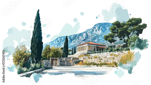 Delphi Archaeological Site. Delphi Archaeological Site watercolor vector illustration