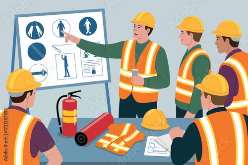 Workplace safety training session diverse team learning hazard signs and fire prevention with instructor