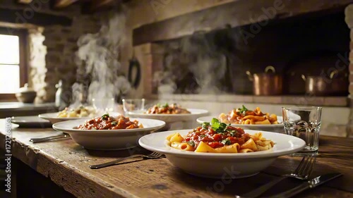 Delicious pasta dishes served in rustic setting, featuring various pasta types with rich tomato sauce, steaming hot for a delightful dining experience