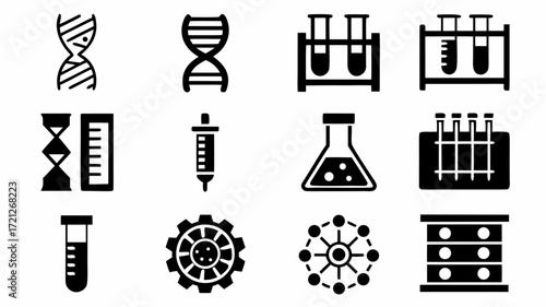 Illustration of dna strands test tubes dropper flask gear and connected circles in a black and white style | editable eps vectors silhouette