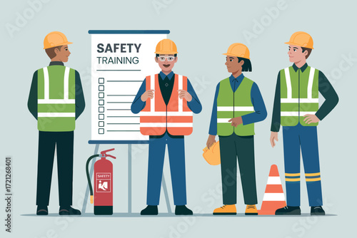 Construction workers safety team ready for work ppe and training poster fire extinguisher and cones