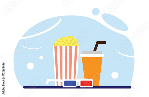 Watching a Movie Idea 3D Glasses Popcorn and Soda Drink Flat Style. Entertainment industry, films and relaxation in the spare time vector art