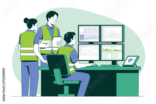 Team of workers in safety vests analyze data on multiple computer screens in a control room monitoring station