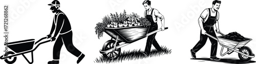 Farmers pushing wheelbarrows in black and white illustration
