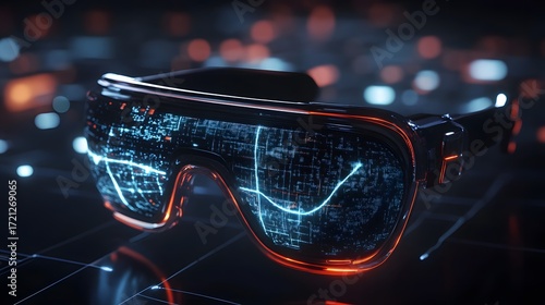 3D render showcases futuristic VR glasses with glowing digital circuits overlaid on a dark background.