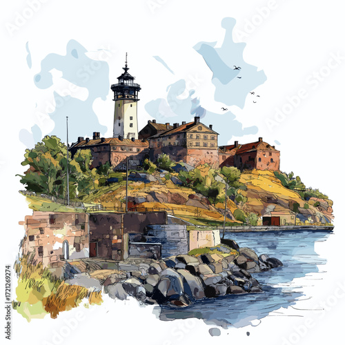 Suomenlinna Fortress. Suomenlinna Fortress watercolor vector illustration