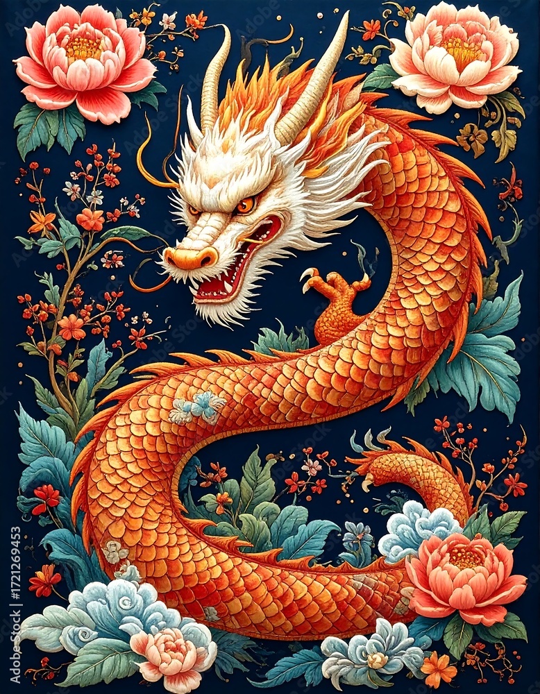 Fototapeta premium Dragon amidst ornate flowers