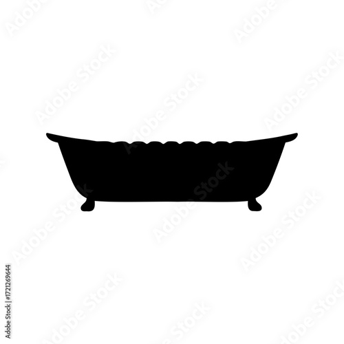 A stark black silhouette of a vintage bathtub against a white background