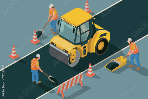 Road construction scene with roller and workers performing paving work isometric view detailed construction site